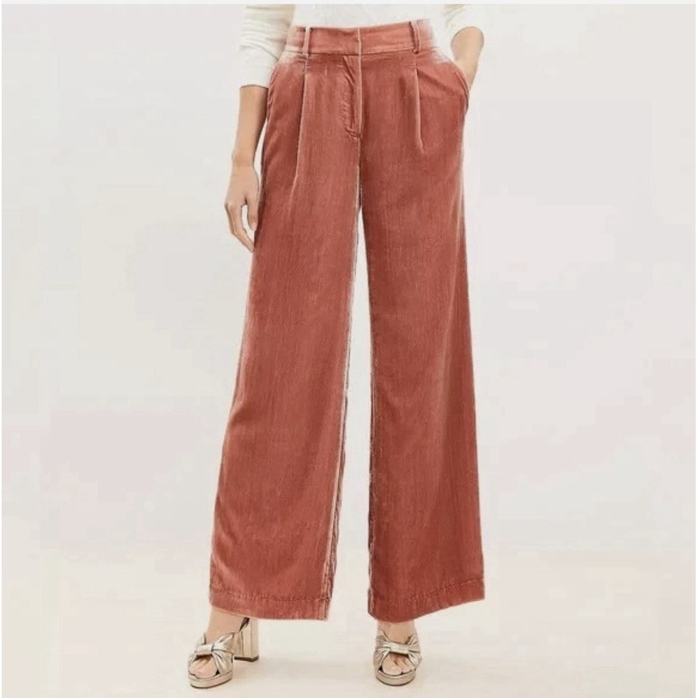 NWT LOFT Size 00 28"x32" Peyton Velvet Wide Leg High Waist Trouser Pants Rose